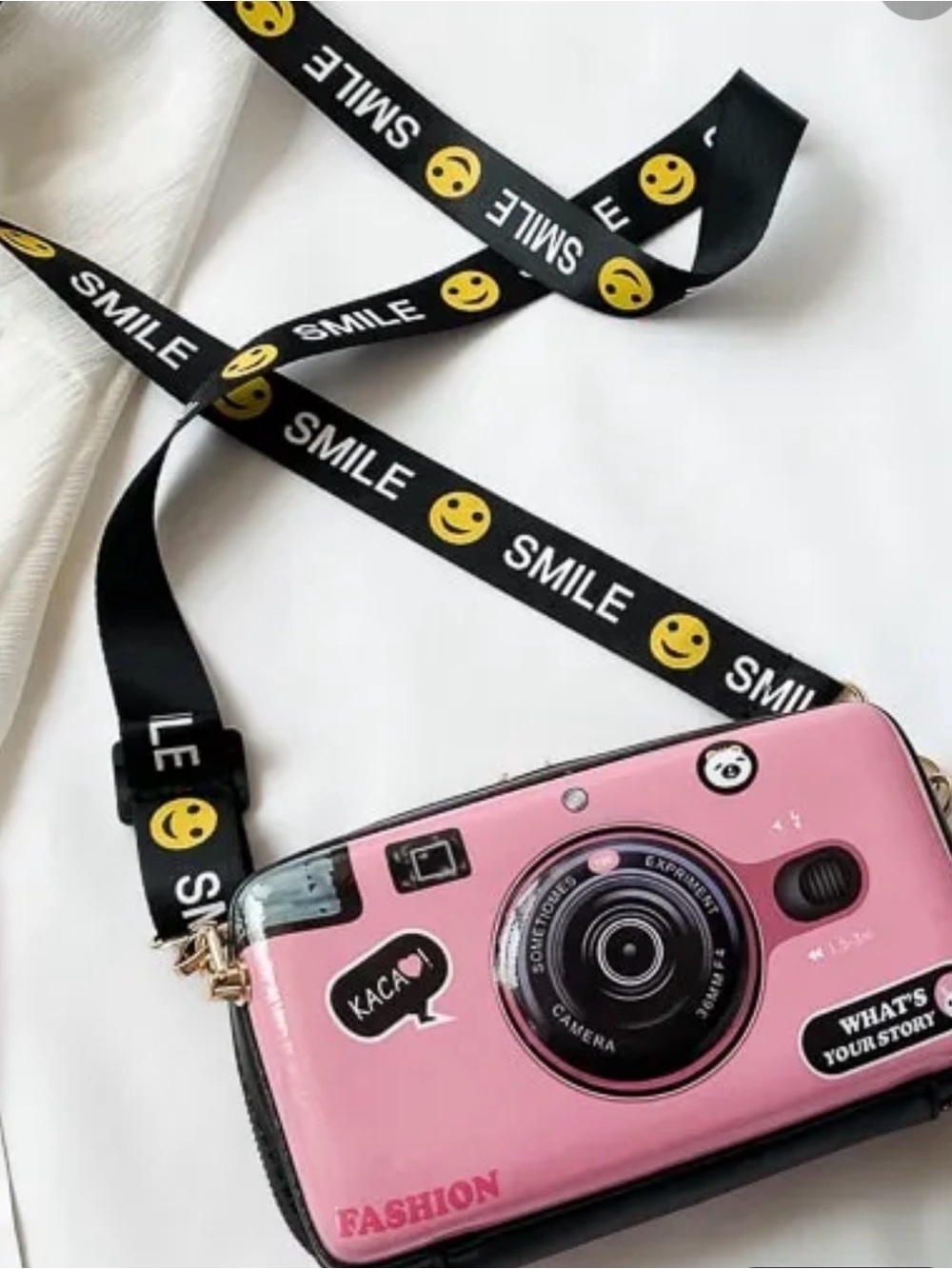 Pink Fashion Camera-Style Crossbody Bag with Smile Strap